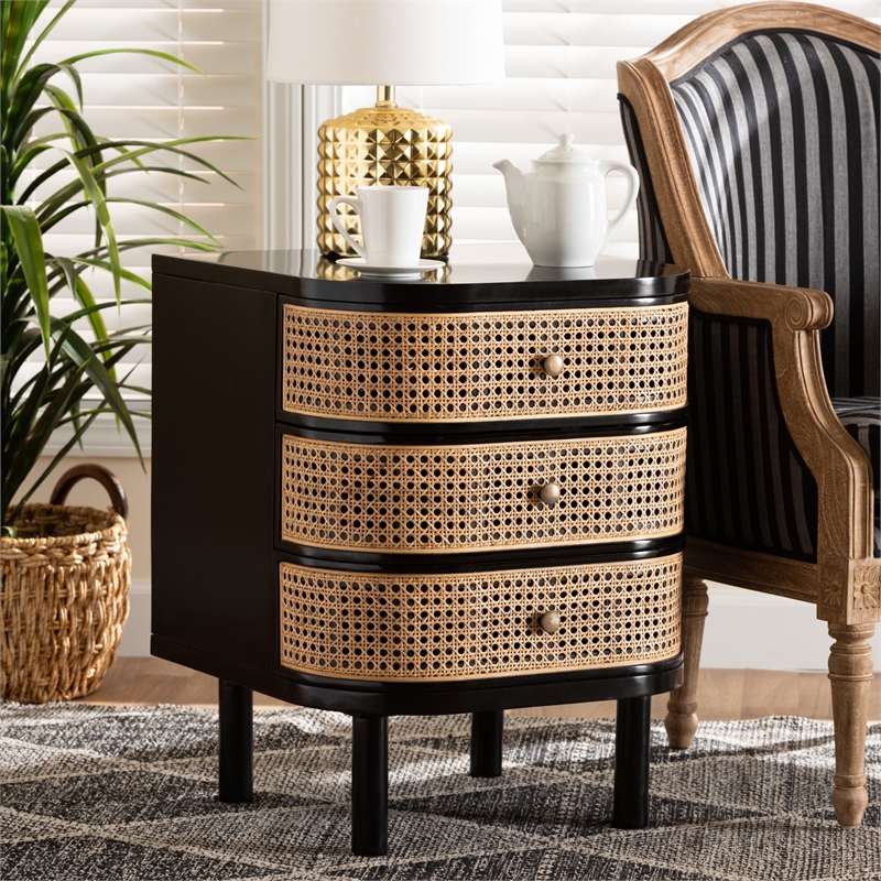 Pemberly Row Black Bayur Wood and Rattan 3-Drawer End Table Nightstand