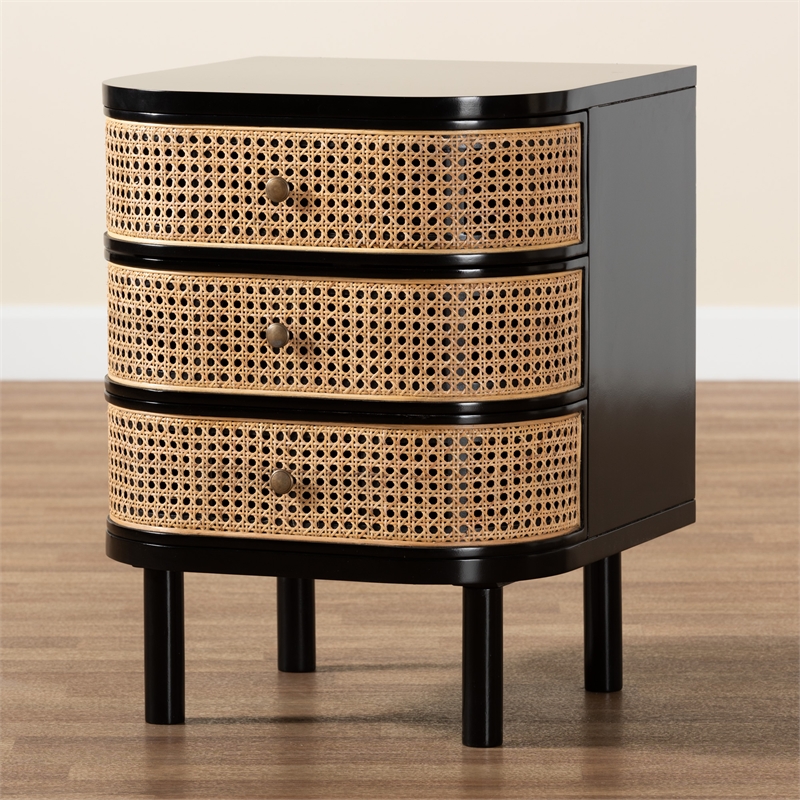 Pemberly Row Black Bayur Wood and Rattan 3-Drawer End Table Nightstand