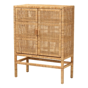Pemberley Row Mahogany Wood Brown Storage Cabinet Rectangular Woven Rattan Fully Assembled