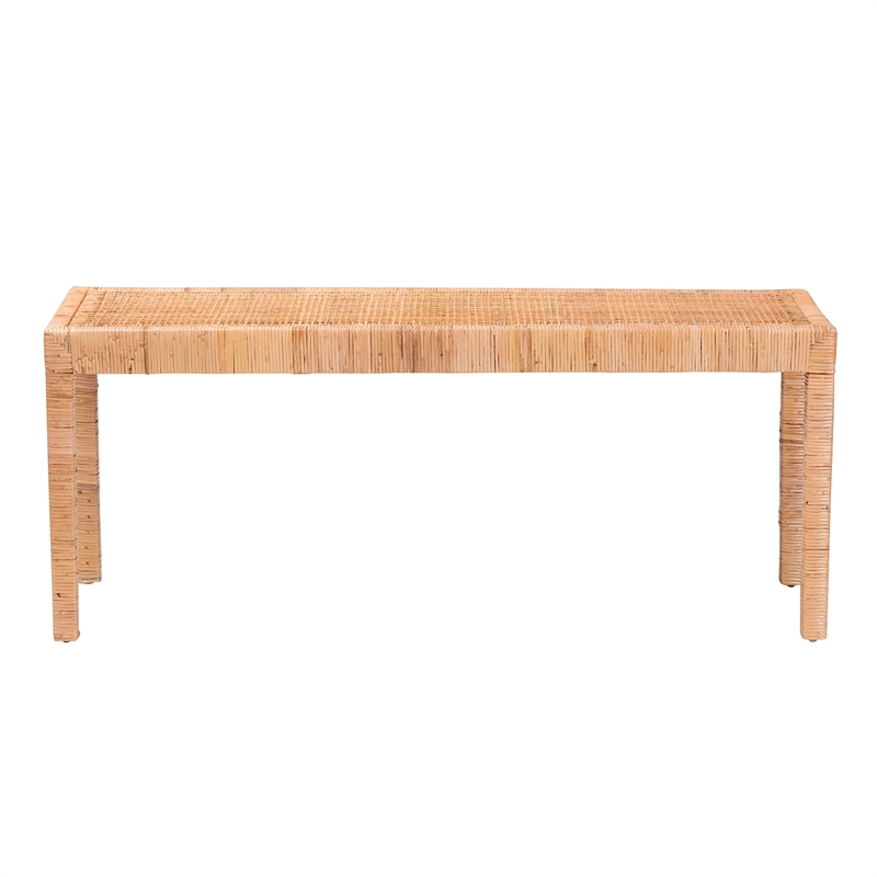 Pemberley Row Mahogany Wood and Natural Rattan Rectangular Accent Bench Fully Assembled 48.4