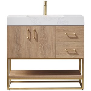 Pemberley Row Wood Oak Vanity Rectangular Ceramic Basin White Stone Top 36&quot