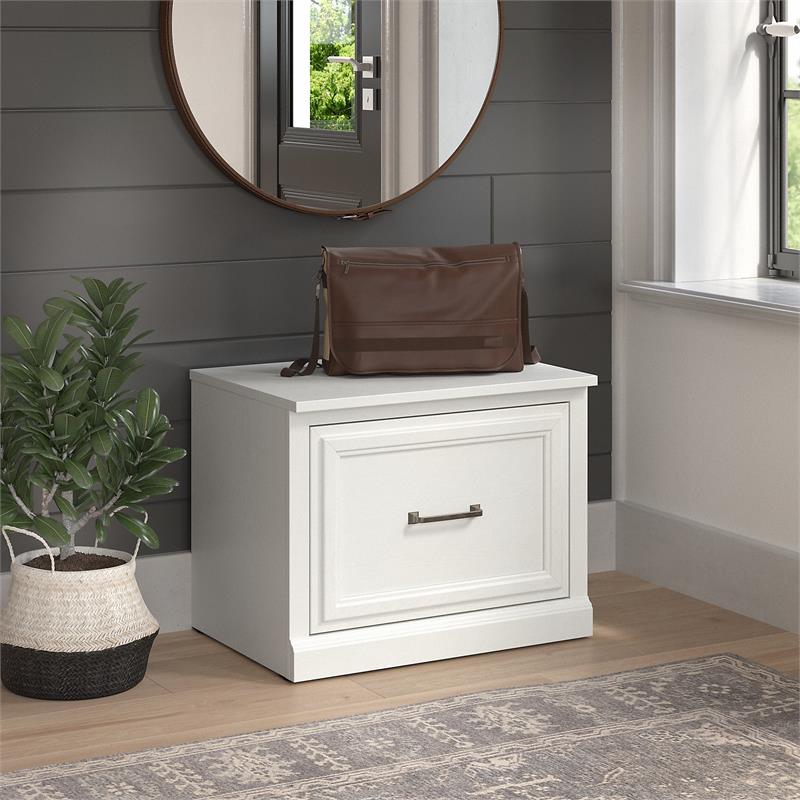 Pemberly Row 24W Small Shoe Bench with Drawer in White Ash - Engineered Wood