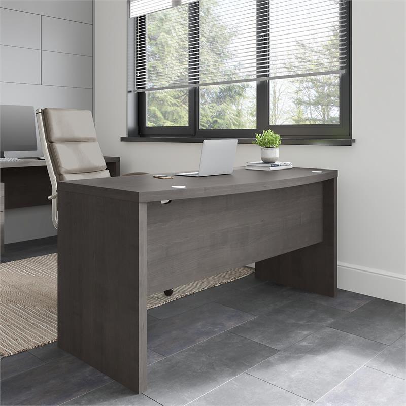 Pemberly Row 60W Bow Front Desk in Charcoal Maple - Engineered Wood