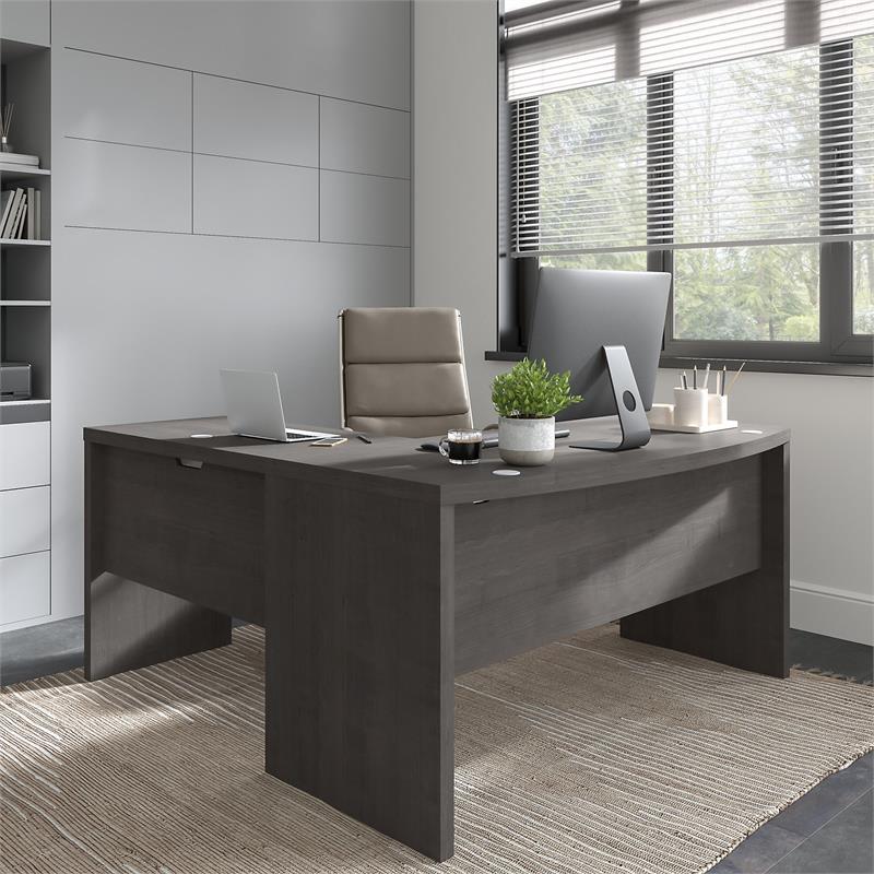 Pemberly Row 60W Bow Front Desk in Charcoal Maple - Engineered Wood