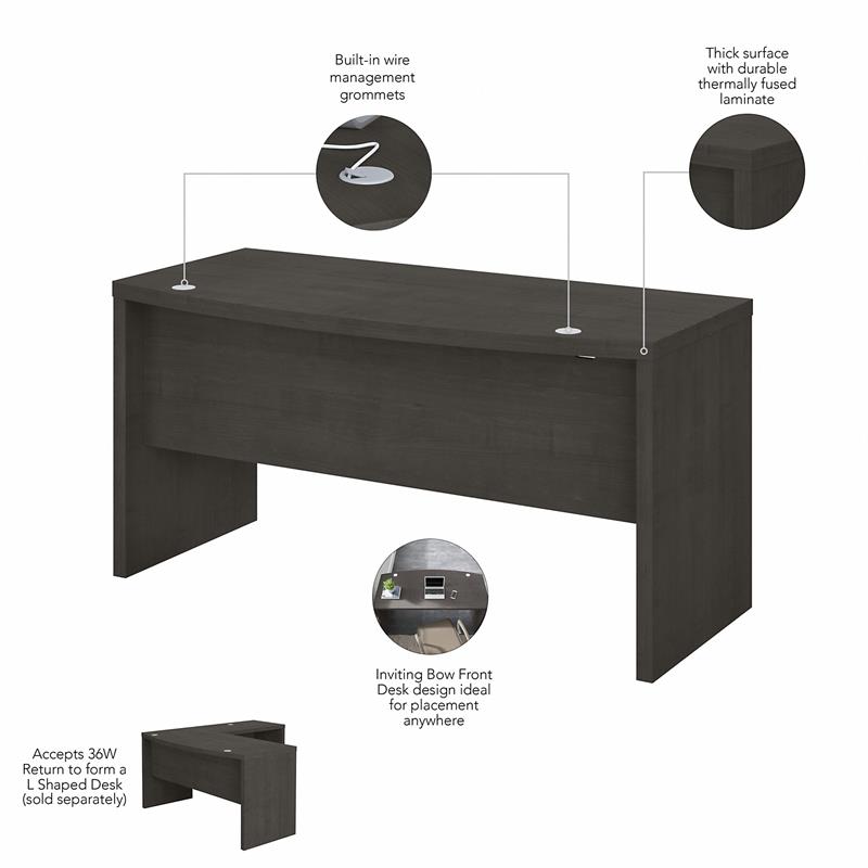 Pemberly Row 60W Bow Front Desk in Charcoal Maple - Engineered Wood