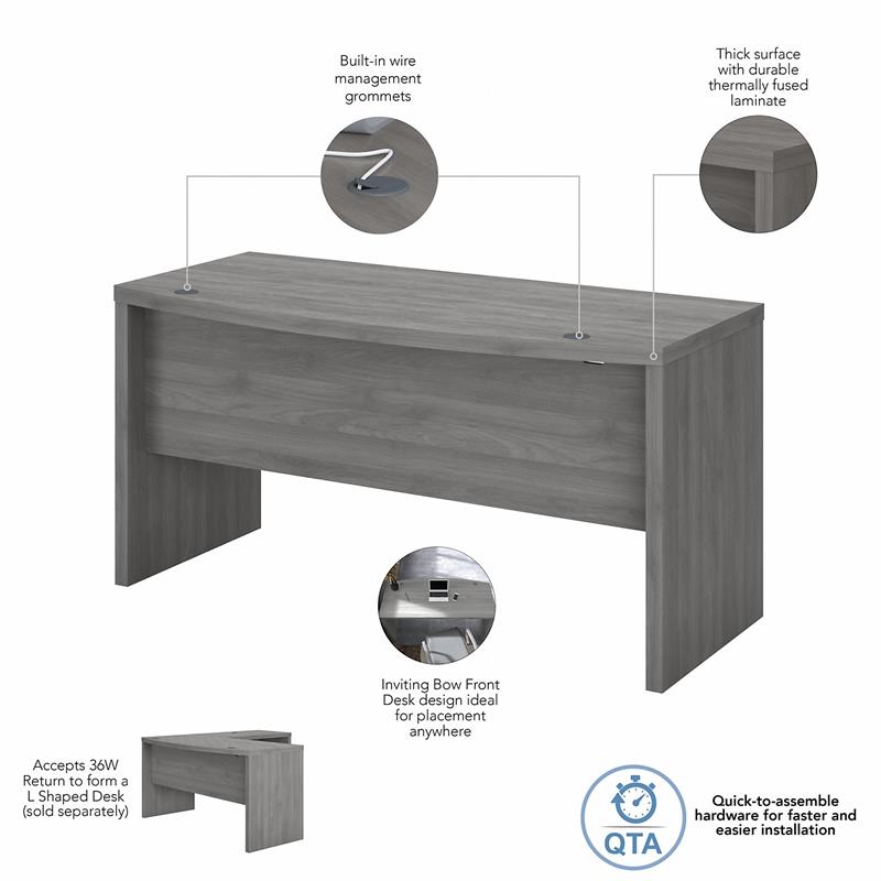 Pemberly Row 60W Bow Front Desk in Modern Gray - Engineered Wood