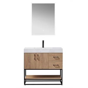 Pemberly Row 36&quot White Stone Top Oak Single Vanity Black Frame with Mirror
