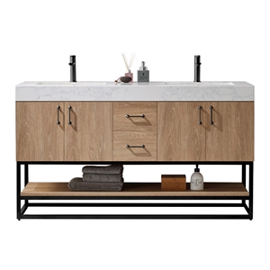Pemberly Row 60&quot White Stone Top Oak Double Vanity Black Frame w/o Mirror