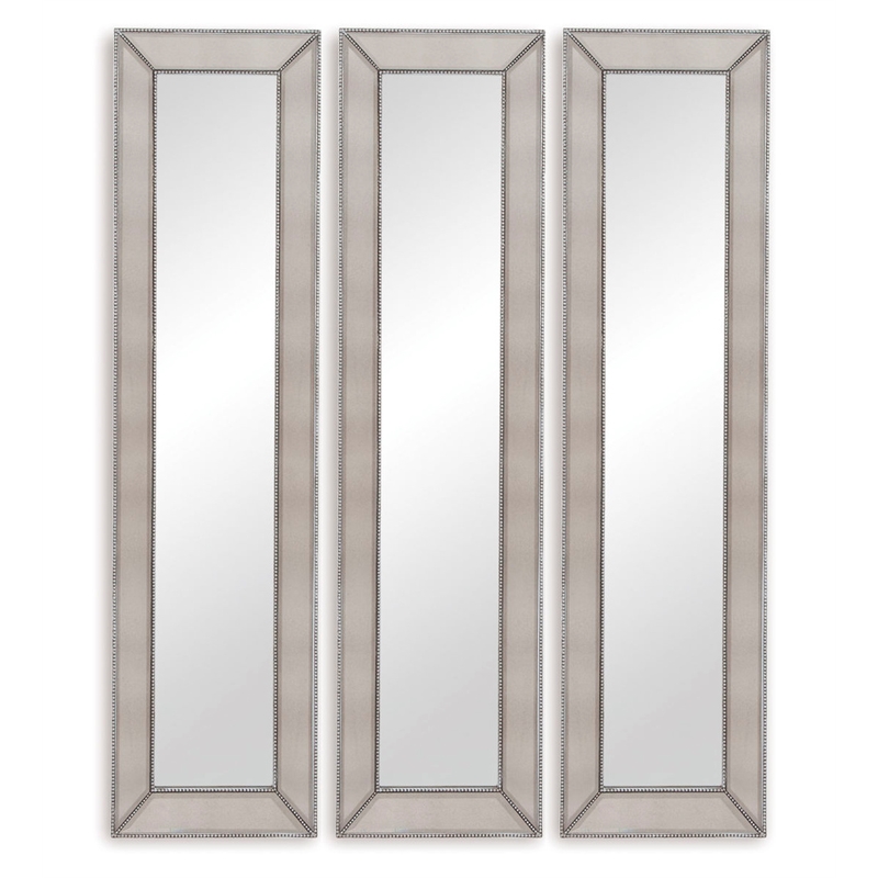 Pemberly Row Contemporary Beaded Wood Floor Mirror in Silver