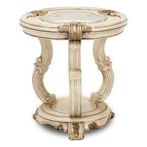 Pemberley Row Wood Ivory Chairside End Table Round Glass Inlay 25.5&quot x 28&quot x 26&quot