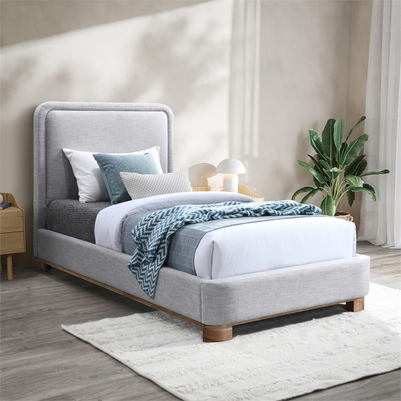 Pemberly Row Contemporary Gray Linen Textured Fabric Twin Bed