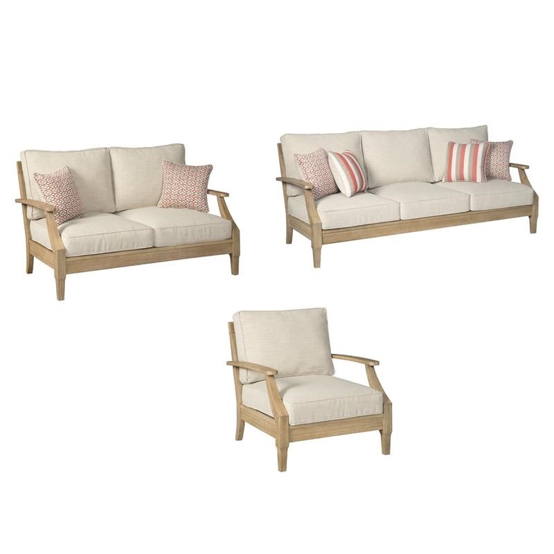 Pemberly Row Set of 3 Patio Sofa and Loveseat and Arm Chair in Beige