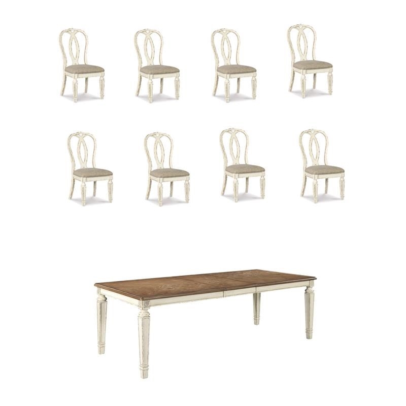 Pemberly Row Set of 9 Extendable Dining Table and Side Chair in Chipped White