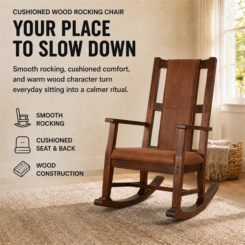 Pemberly Row Wood Indoor Rocking Chair - Chocolate with Cushion Seat & High Back