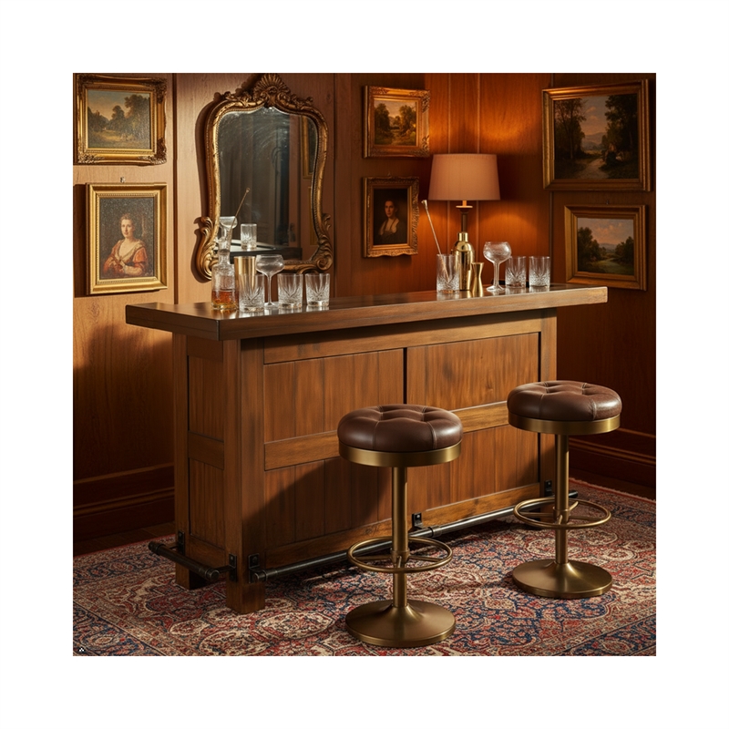 Pemberly Row Wood Home Bar with 2 Shelves and 3 Drawers in Brown