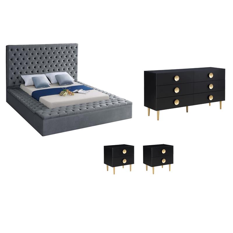 Pemberly Row Set of 4 Velvet Full Bed in Gray & Dresser & 2 Nightstands in Black