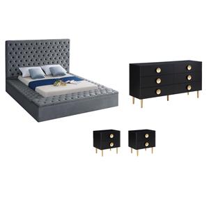 Pemberly Row Set of 4 Velvet Full Bed in Gray & Dresser & 2 Nightstands in Black