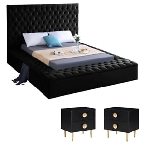 Pemberly Row 3-Piece Set with Velvet Full Bed and 2 Nightstands in Rich Black