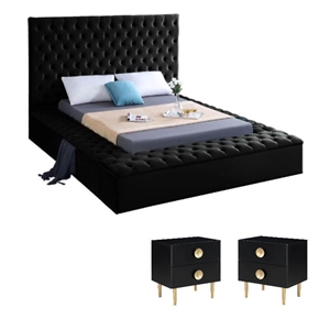 Pemberly Row 3-Piece Set with Velvet King Bed and 2 Nightstands in Rich Black