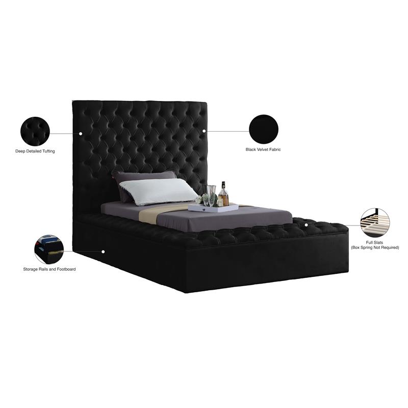 Pemberly Row Set of 2 Tufted Velvet Twin Bed and Nightstand in Black