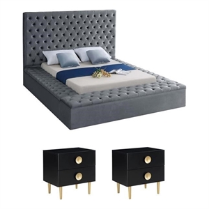 Pemberly Row Set of 3 Tufted Velvet Full Bed in Gray and 2 Nightstands in Black