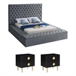 Pemberly Row Set of 3 Tufted Velvet Full Bed in Gray and 2 Nightstands in Black