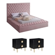 Pemberly Row Set of 3 Tufted Velvet King Bed in Pink and 2 Nightstands in Black