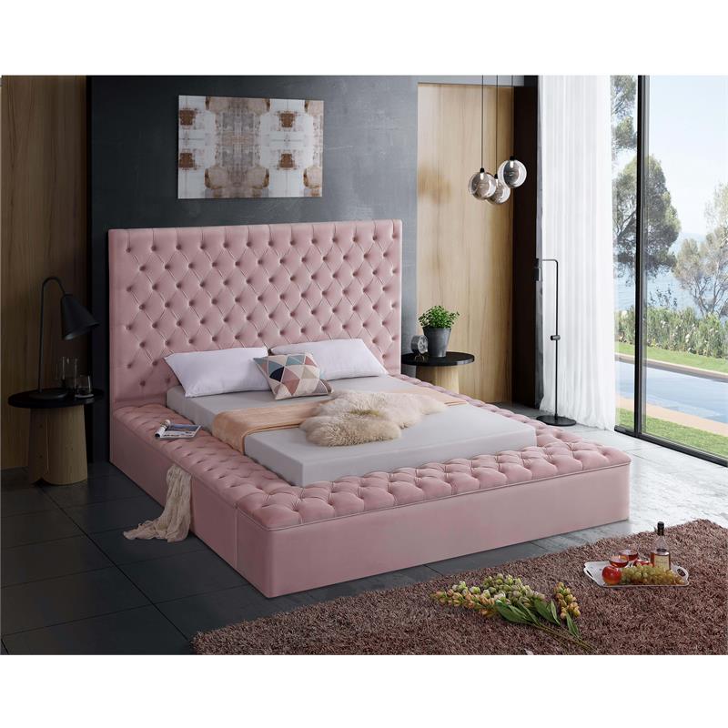 Pemberly Row Set of 3 Tufted Velvet King Bed in Pink and 2 Nightstands in Black