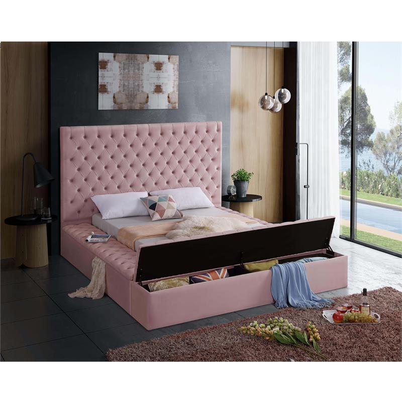 Pemberly Row Set of 3 Tufted Velvet King Bed in Pink and 2 Nightstands in Black