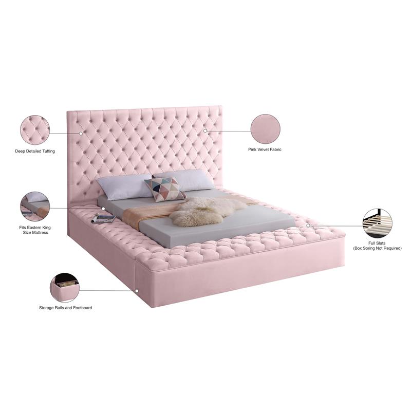 Pemberly Row Set of 3 Tufted Velvet King Bed in Pink and 2 Nightstands in Black
