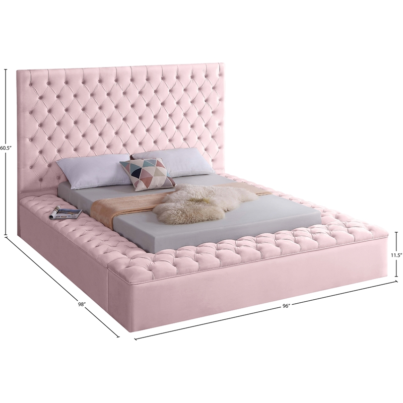 Pemberly Row Set of 4 Velvet King Bed in Pink & Dresser & 2 Nightstands in Black