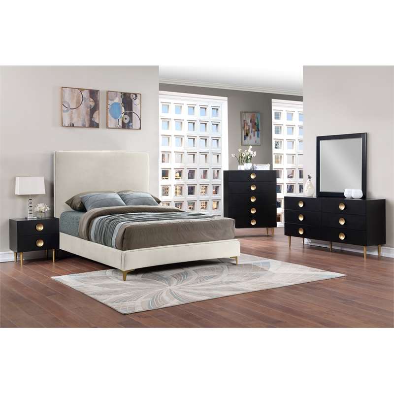 Pemberly Row Set of 4 Velvet King Bed in Pink & Dresser & 2 Nightstands in Black