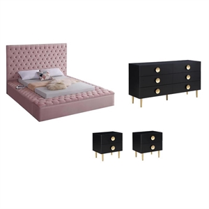 Pemberly Row Set of 4 Velvet King Bed in Pink & Dresser & 2 Nightstands in Black
