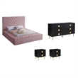Pemberly Row Set of 4 Velvet King Bed in Pink & Dresser & 2 Nightstands in Black