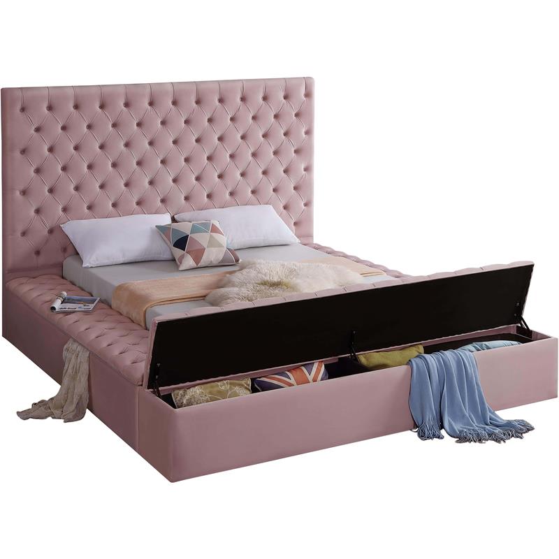 Pemberly Row Set of 4 Velvet King Bed in Pink & Dresser & 2 Nightstands in Black