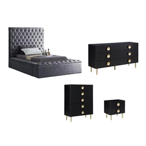 Pemberly Row Set of 4 Twin Bed in Gray & Dresser & Chest & Nightstand in Black