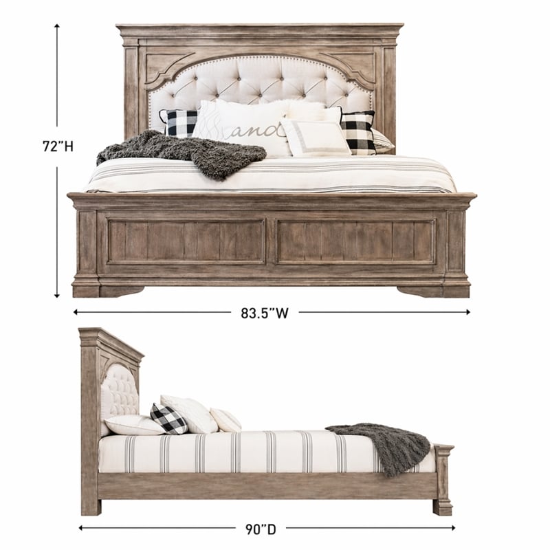 Pemberly Row Contemporary Driftwood Gray Wood Upholstered Panel King Bed