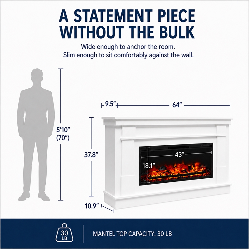 Pemberley Row MDF White Fireplace Mantel Rectangular Realistic Flame 64