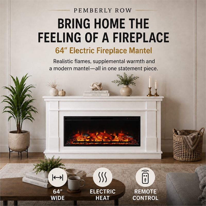 Pemberley Row MDF White Fireplace Mantel Rectangular Realistic Flame 64