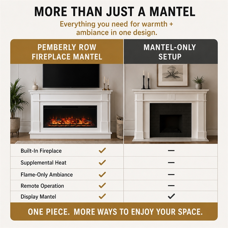 Pemberley Row MDF White Fireplace Mantel Rectangular Realistic Flame 64