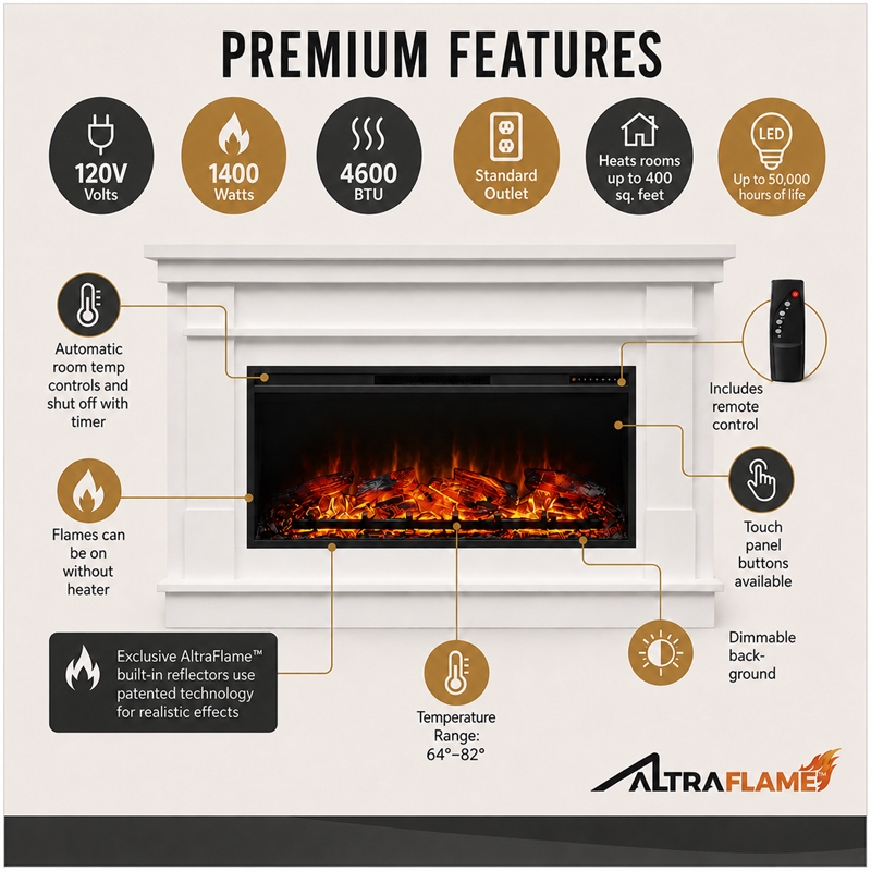 Pemberley Row MDF White Fireplace Mantel Rectangular Realistic Flame 64