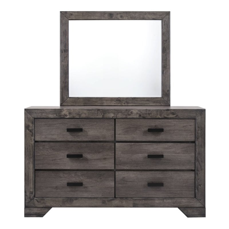 Pemberly Row Contemporary Solid Wood 6 Drawer Dresser and Mirror Set