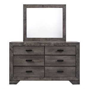 Pemberly Row Contemporary Solid Wood 6 Drawer Dresser and Mirror Set