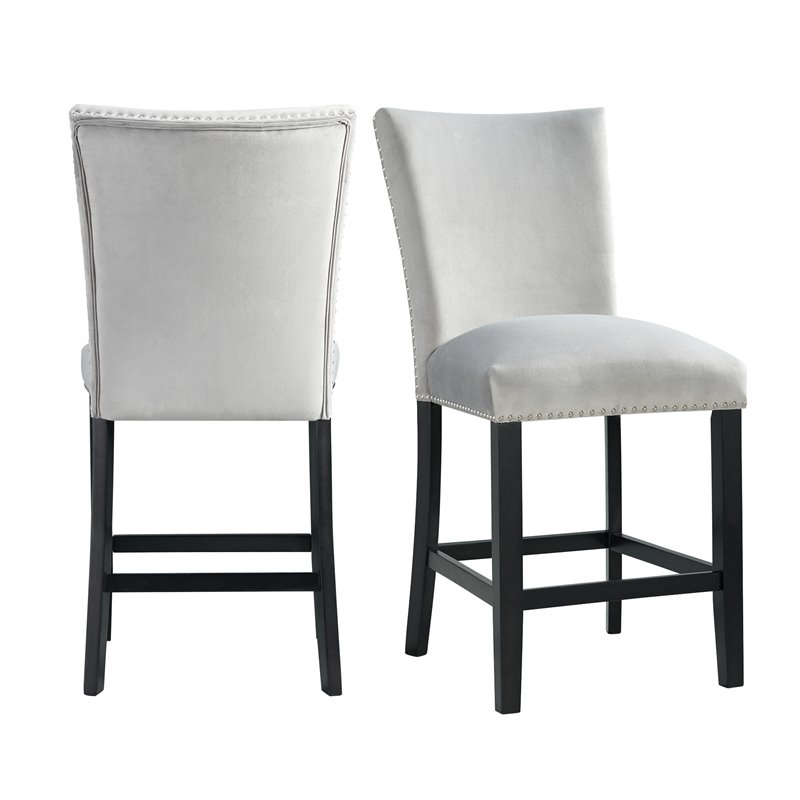 Pemberly Row Transitional Gray Velvet Counter Height Chair Set