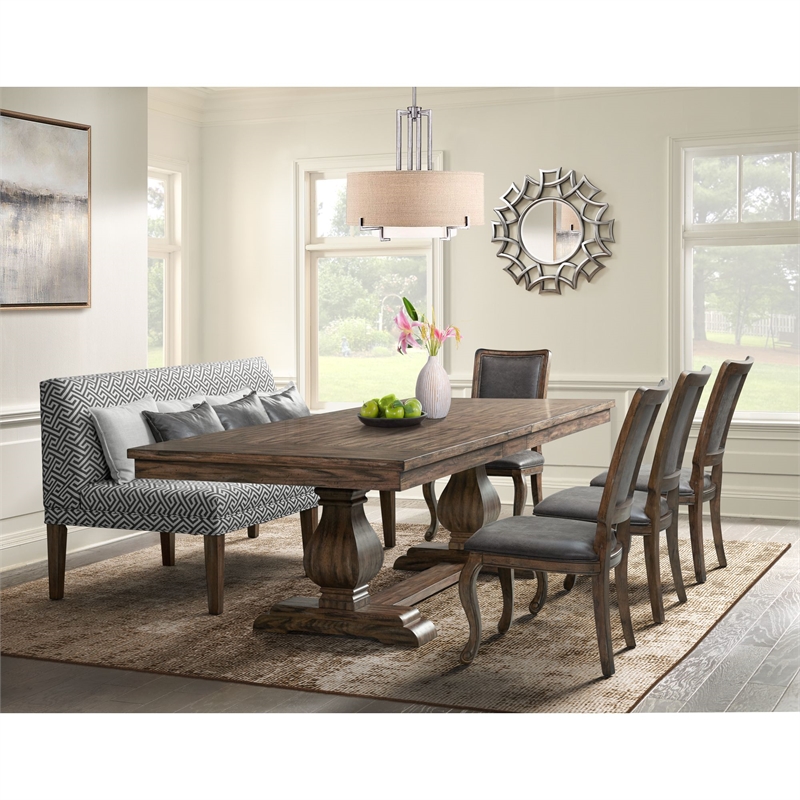 Pemberly Row Transitional Upholstered Dining Settee in Brown
