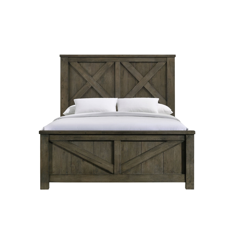 Pemberly Row Farmhouse Wood Queen Panel Bed in Gray with One Spacious Drawer