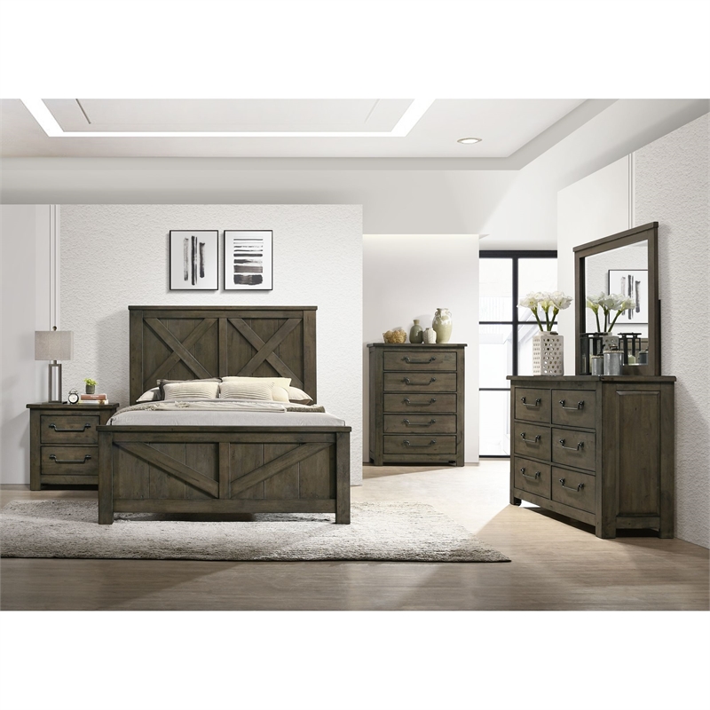 Pemberly Row Farmhouse Wood Queen Panel Bed in Gray with One Spacious Drawer