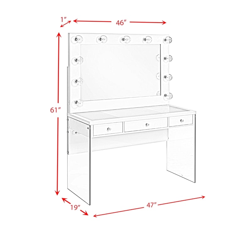 Pemberly Row Transitional Glass Top 2Pc Vanity Set with 4mm Mirror in White