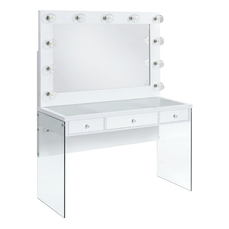 Pemberly Row Transitional Glass Top 2Pc Vanity Set with 4mm Mirror in White