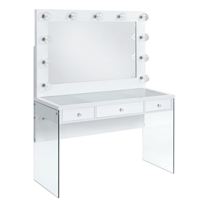 Pemberly Row Transitional Glass Top 2Pc Vanity Set with 4mm Mirror in White